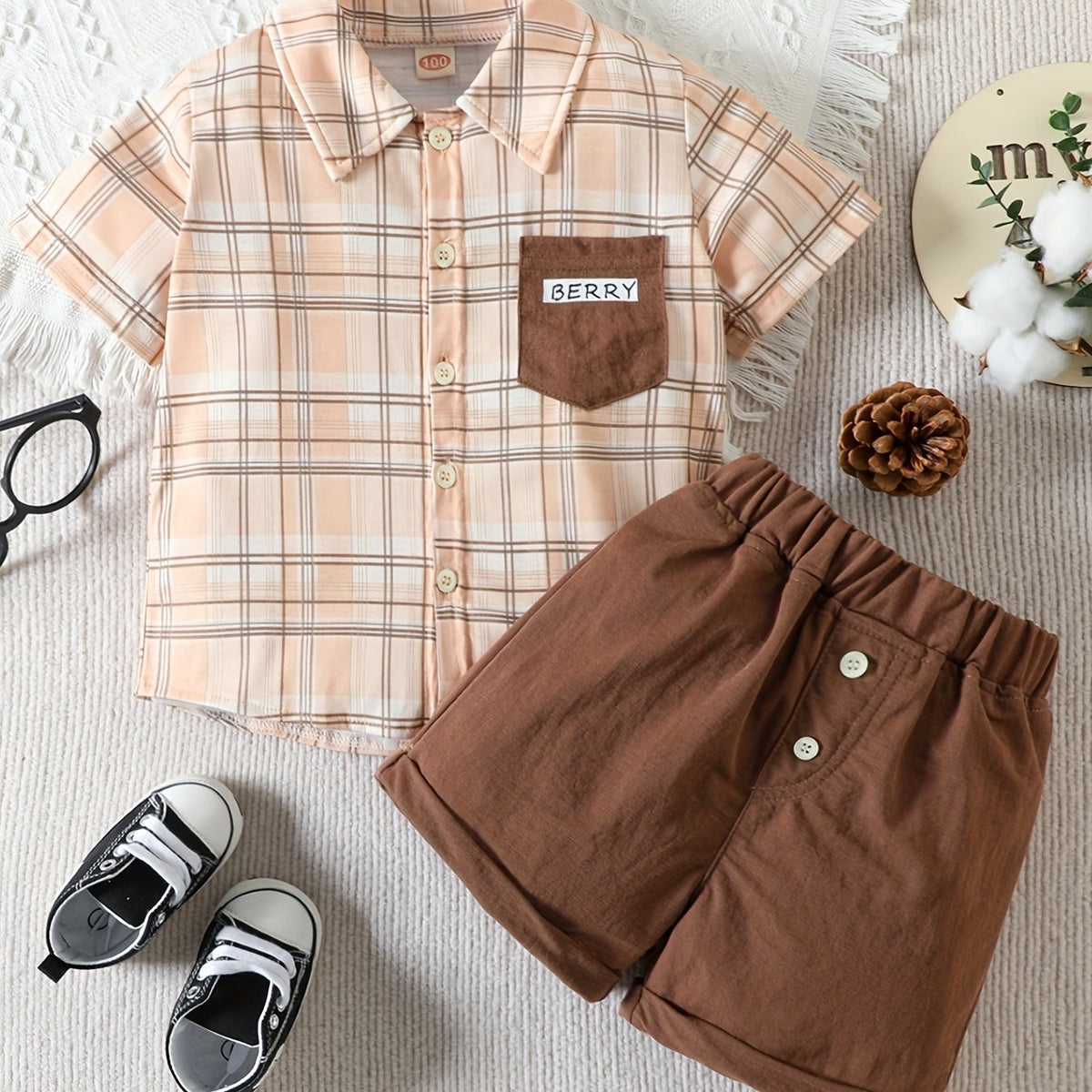 2pcs Boys Plaid Shirt&Shorts Set Summer Kids Clothing