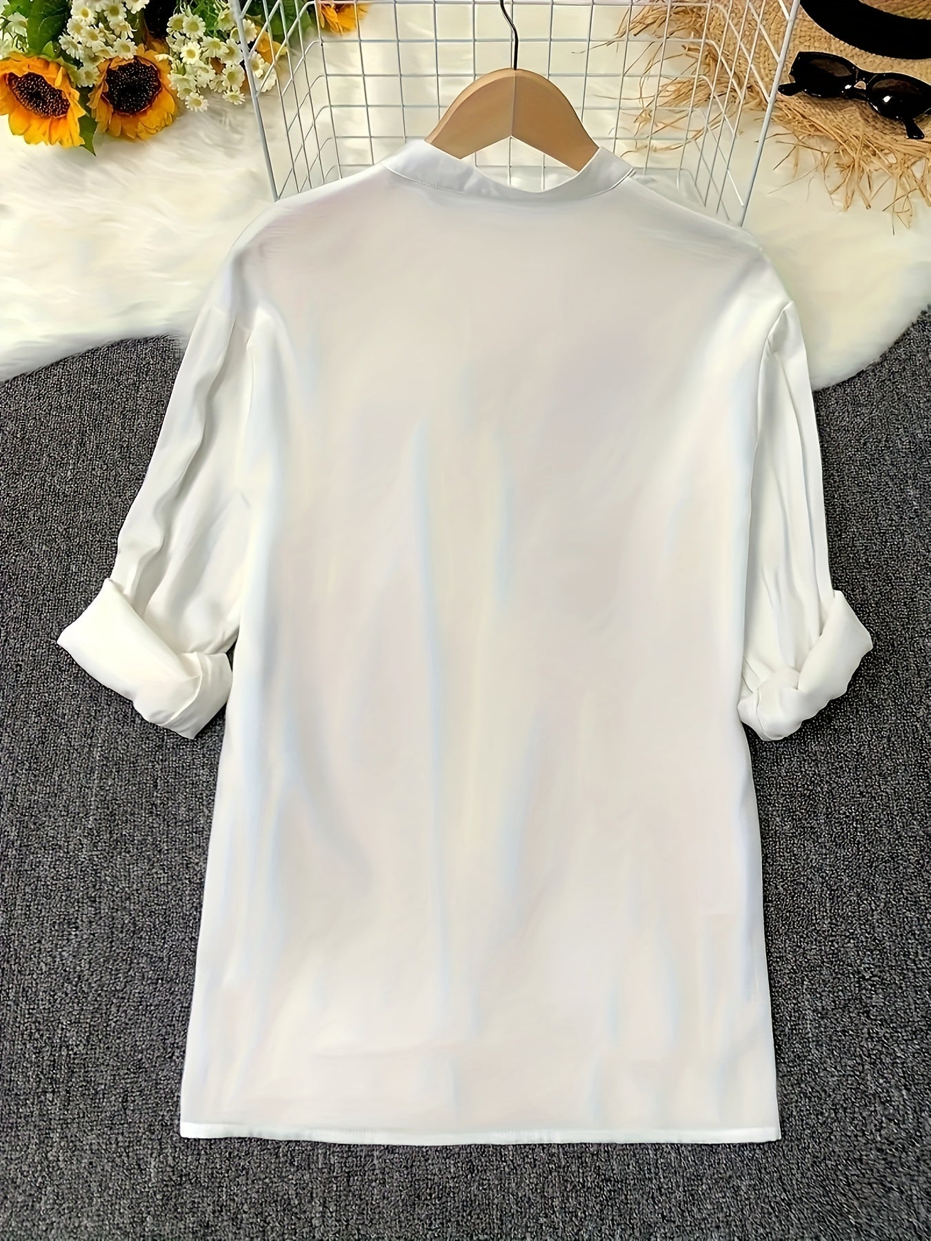  Casual Button Up Roll Sleeve Blouse