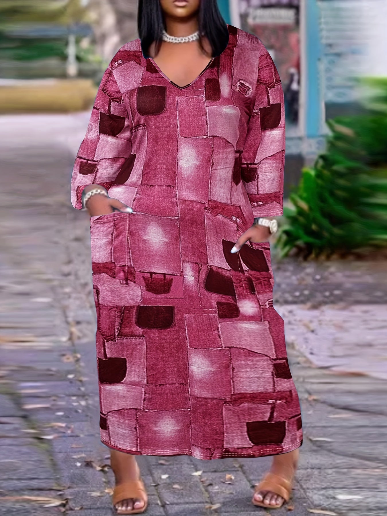  Patchwork Denim Print Maxi Dress