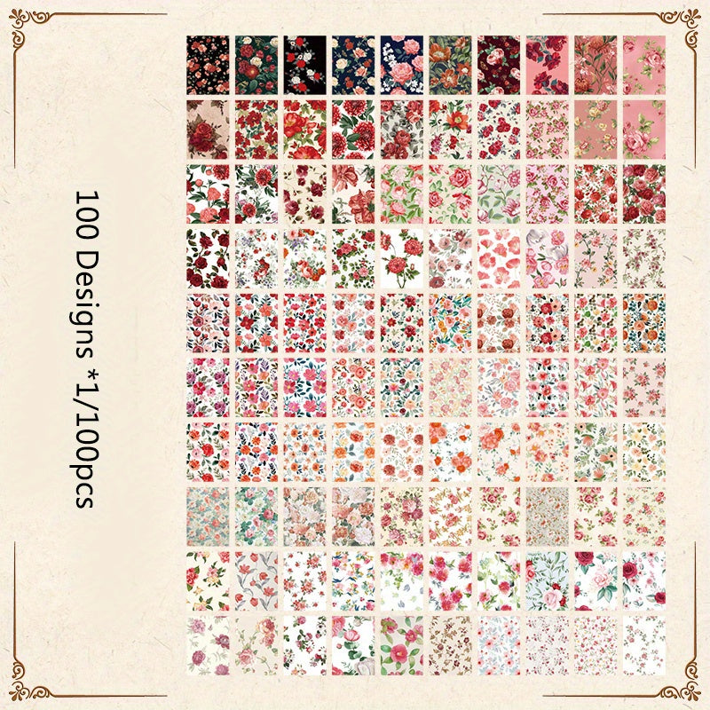 100 Sheets Garden Handbook Material Book Retro Flower Stickers