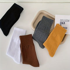 5 Pairs Women's Comfy Mid Tube Socks - Solid Color Breathable Stockings