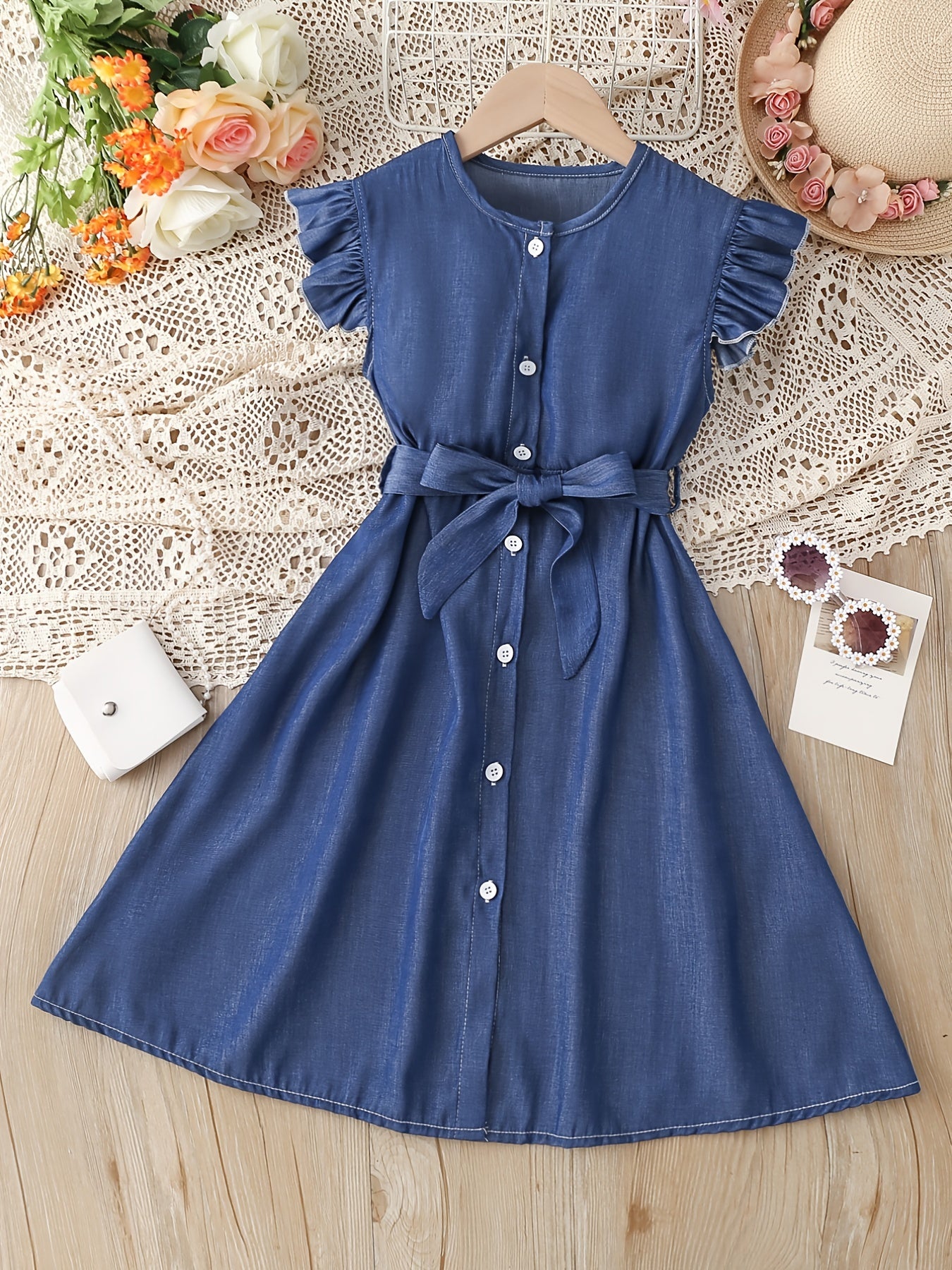 Toddler Girls Butterfly Sleeves Belted Dress