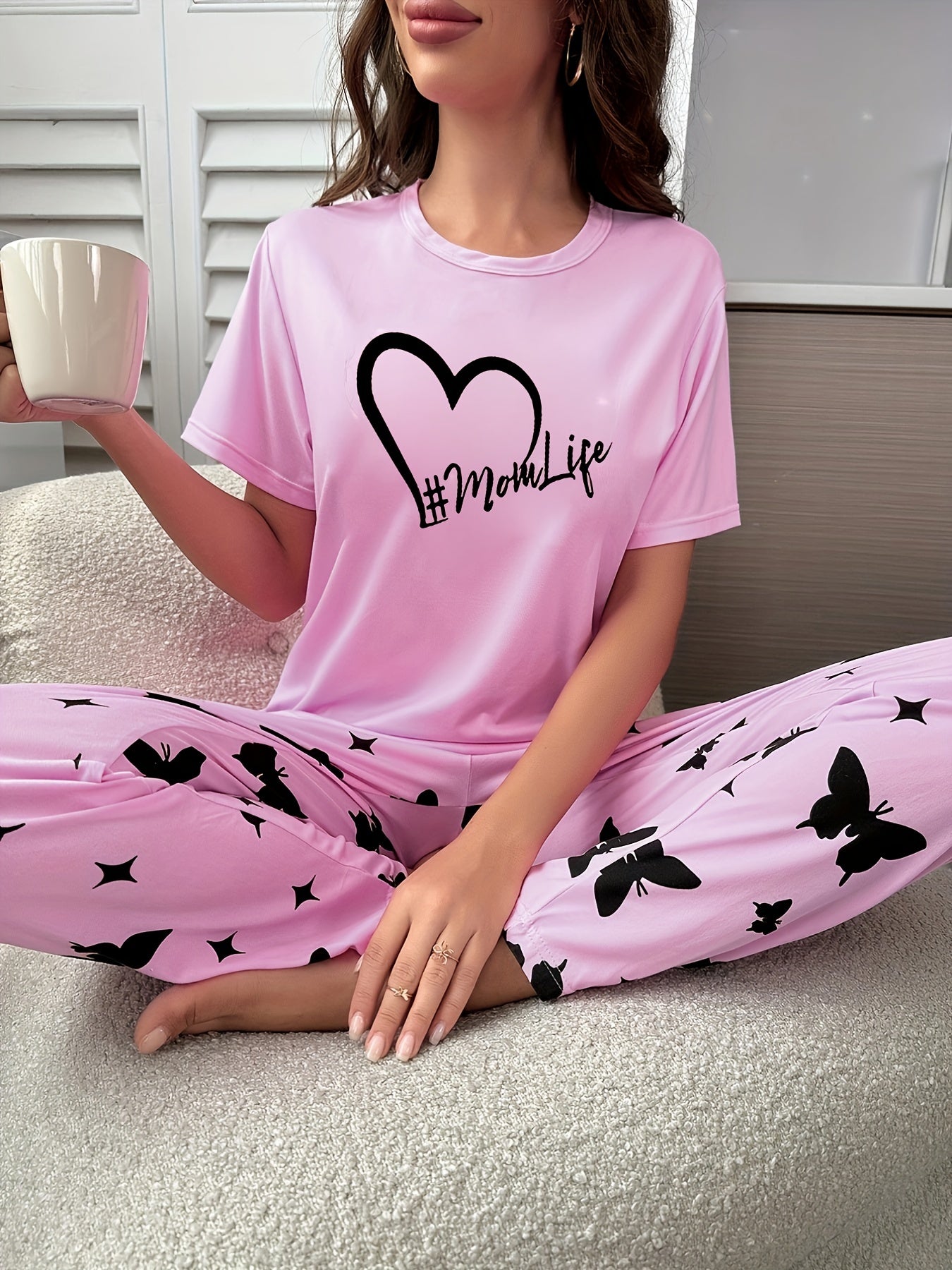 Heart Print Pajamas Set Short Sleeve Top & Pants Women's Sleepwear