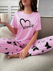 Heart Print Pajamas Set Short Sleeve Top & Pants Women's Sleepwear