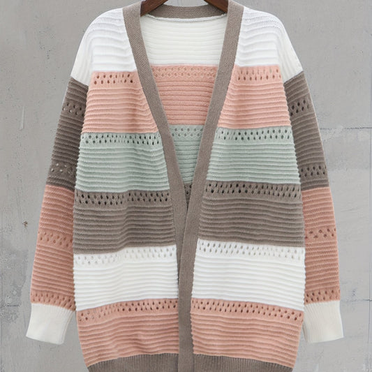  Colorblock Striped Open Front Cardigan
