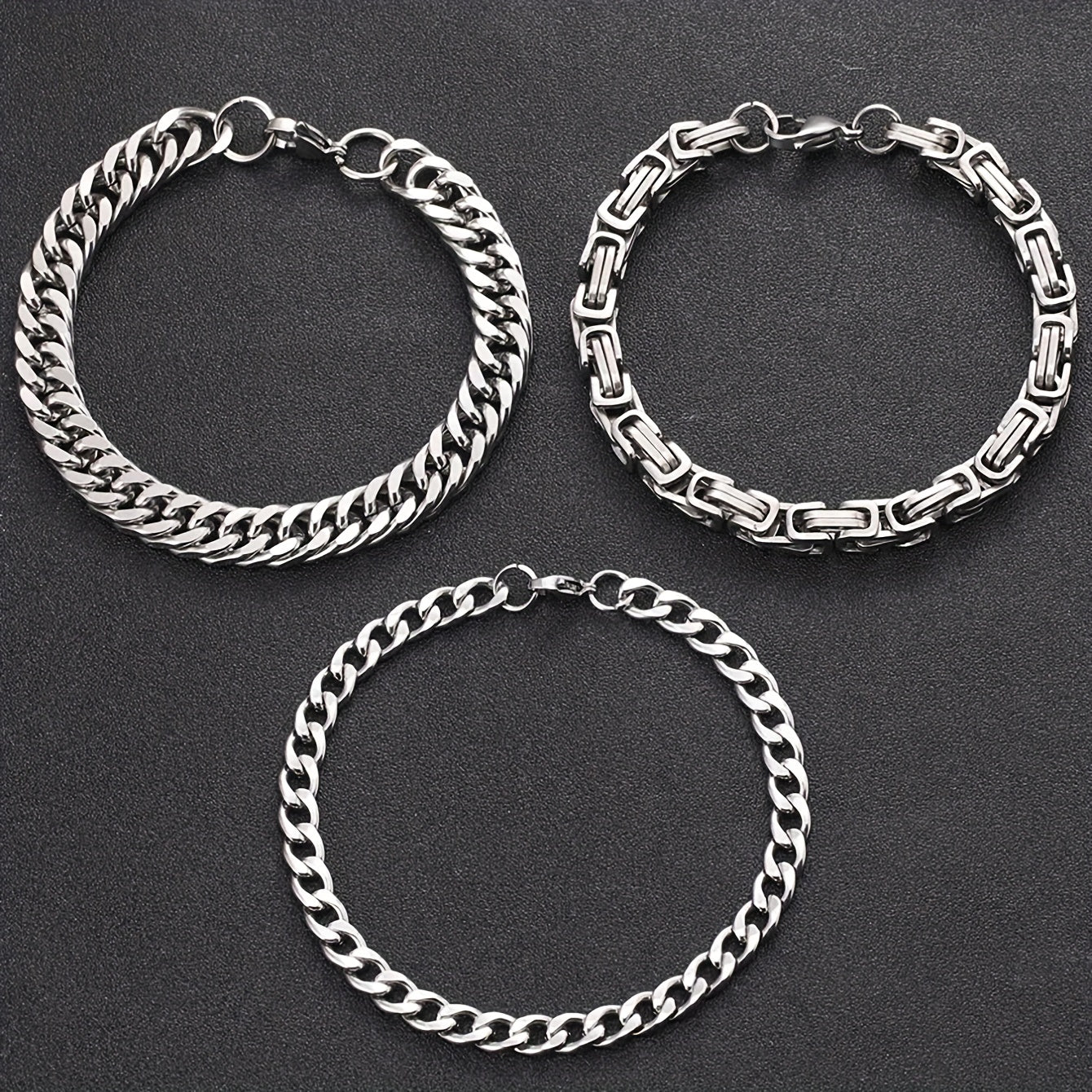 3pcs Silvery Stainless Steel Minimalist Cuban Chain Bracelet Set