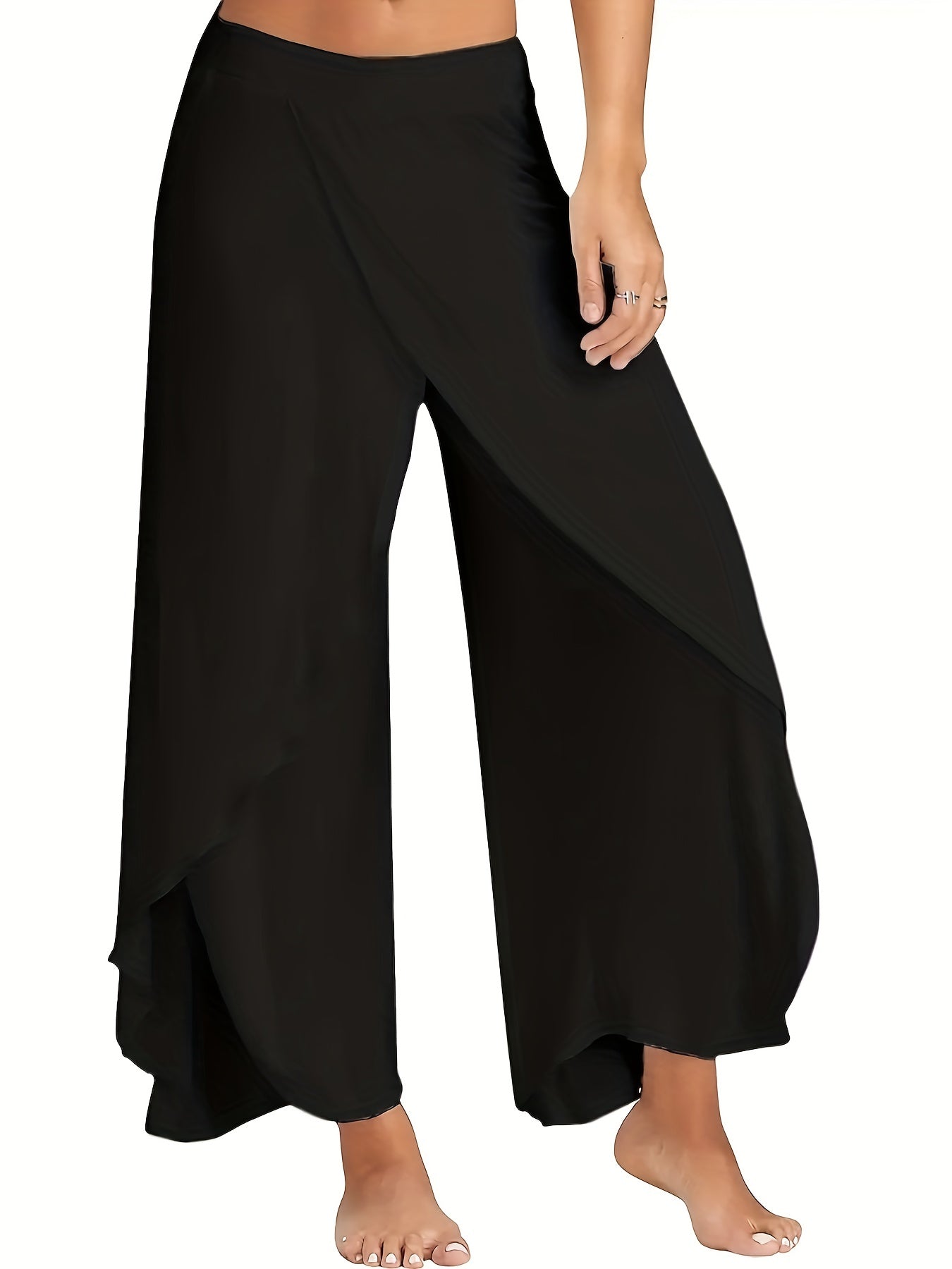 Wide Leg Split Pants Elastic Waist Casual Style