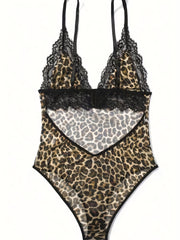  Leopard Print Lace Hollow Out Sexy Bodysuit