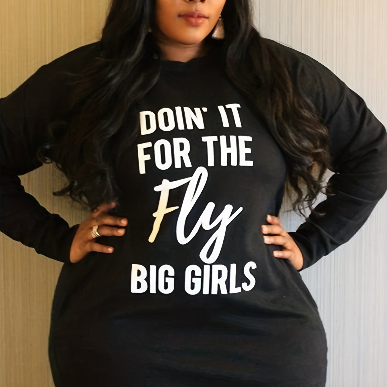  Slogan Print Long Sleeve Stretch Dress
