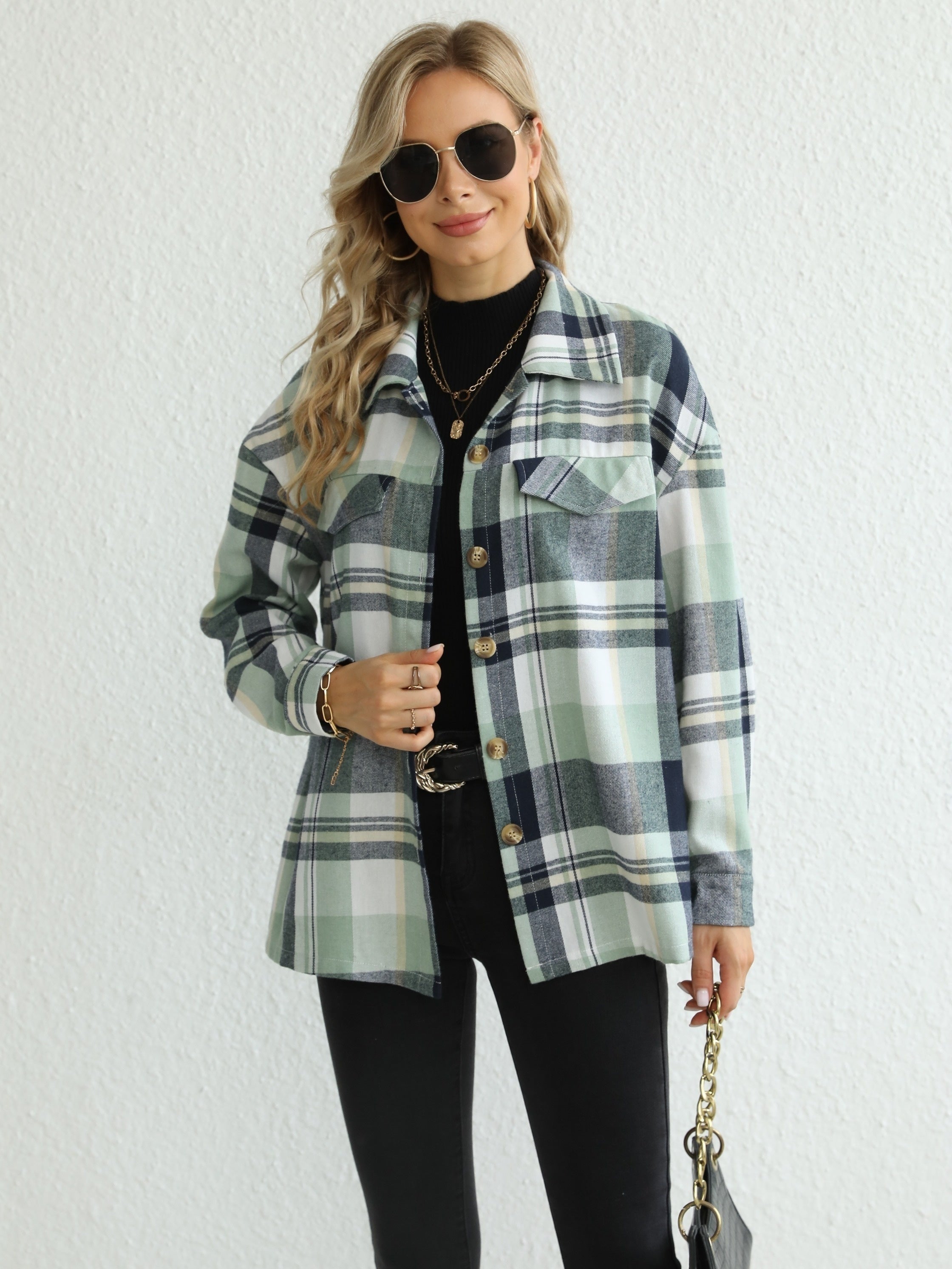  Plaid Print Long Sleeve Button Up Lapel Collar Shirt