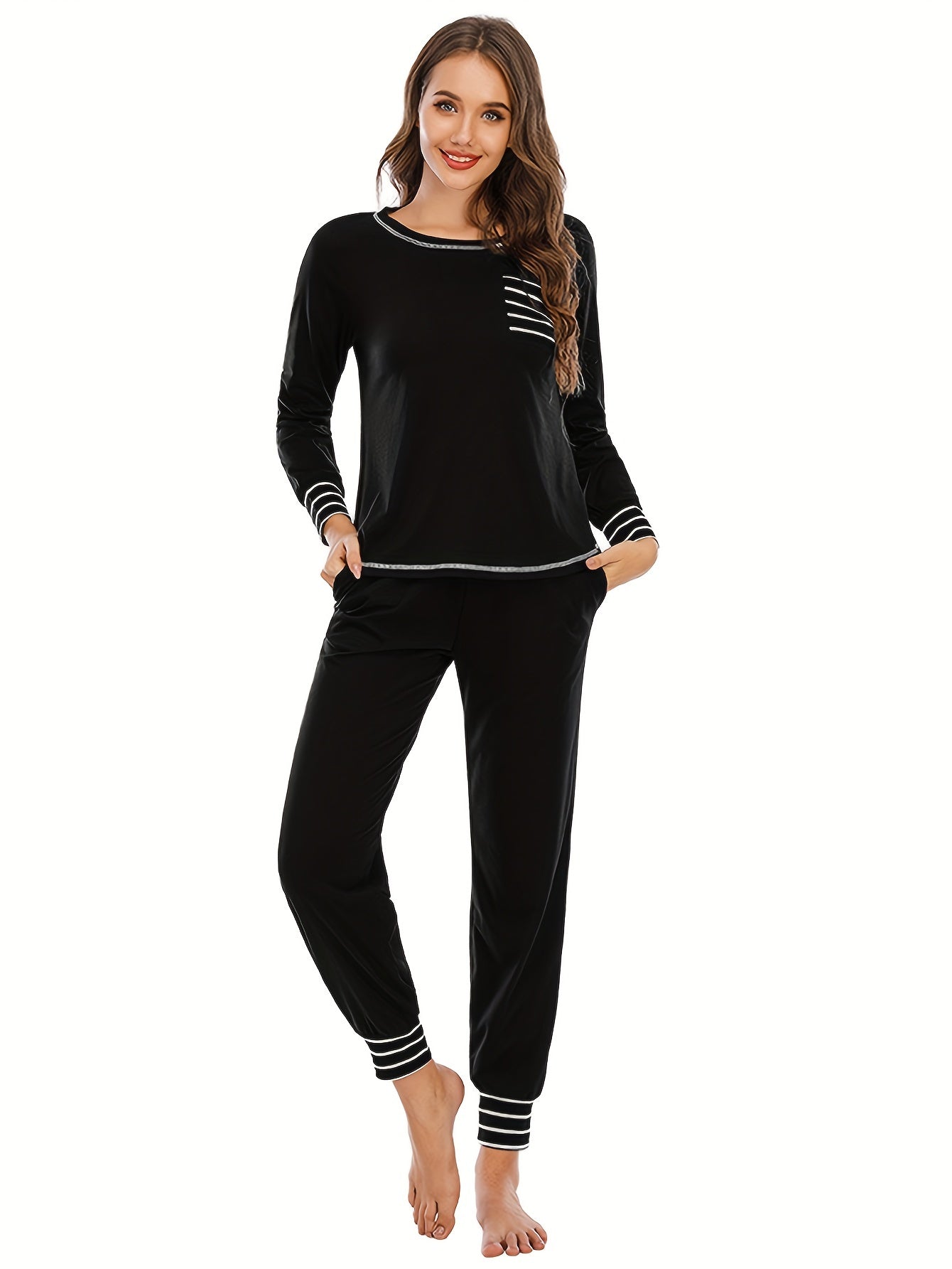 Striped Print Lounge Set Long Sleeve Top & Elastic Waistband Pants