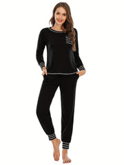 Striped Print Lounge Set Long Sleeve Top & Elastic Waistband Pants