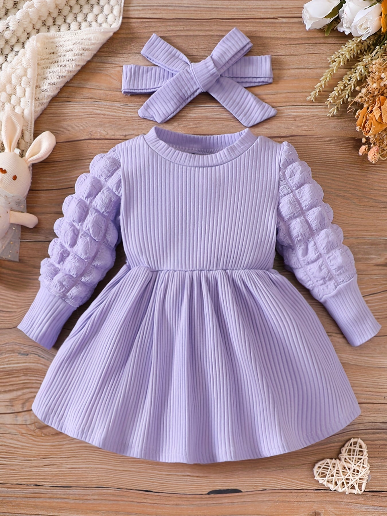 Baby's Pleated Long Sleeve Dress Set with Headband