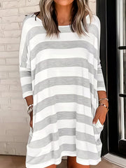  Stripe Print Long Sleeve Round Neck Mini Dress