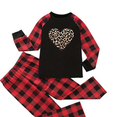  Leopard Heart & Plaid Print Tee & Pants Lounge Set