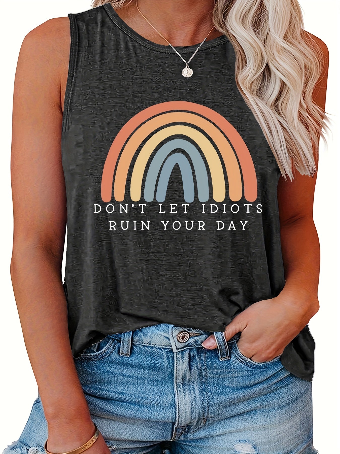  Casual Tank Top Women's Plus Letter & Rainbow Print