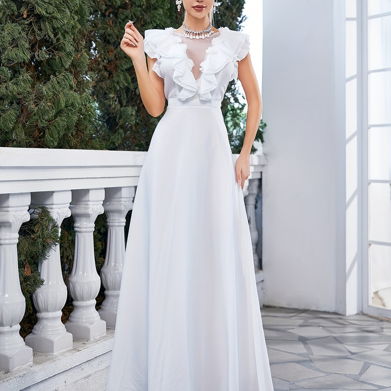 Ruffle Trim Maxi Wedding Dress Sleeveless Dress For Wedding Party