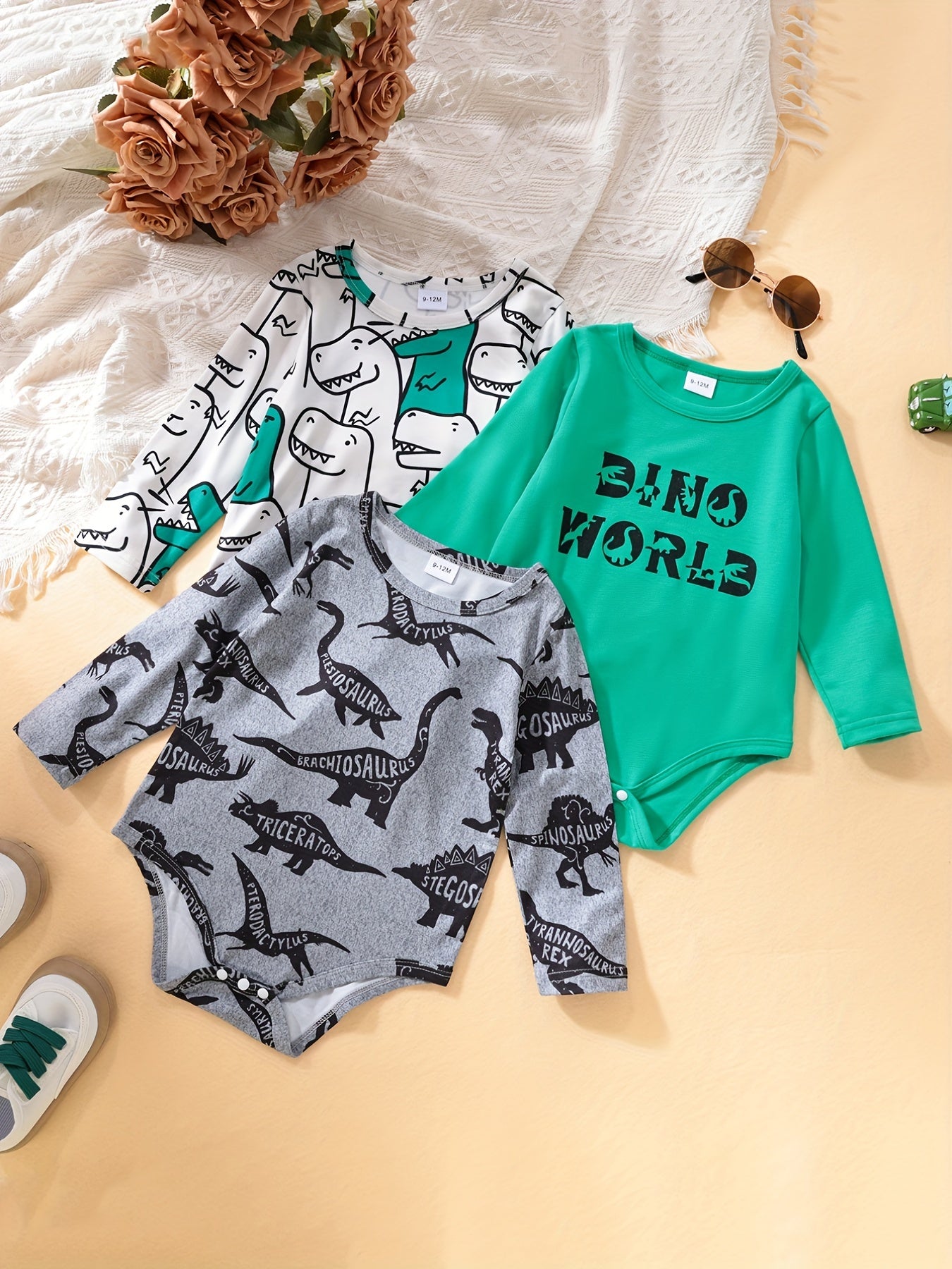 Baby Boy Triangle Bodysuits Long Sleeve Dinosaur Rompers Set