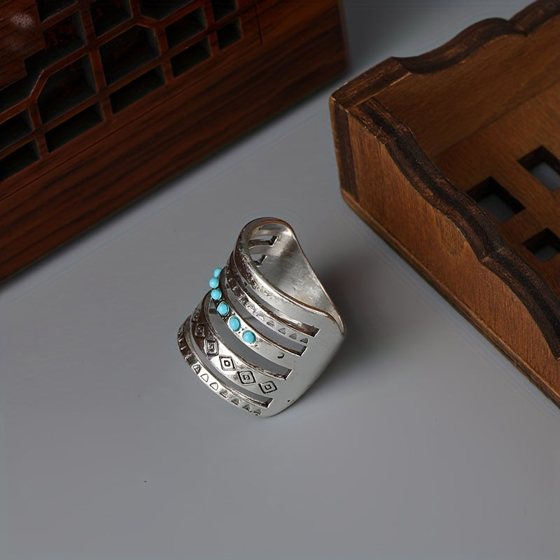 Vintage Wide Ring 925 Silver Plated Turquoise Inlaid Hollow Design