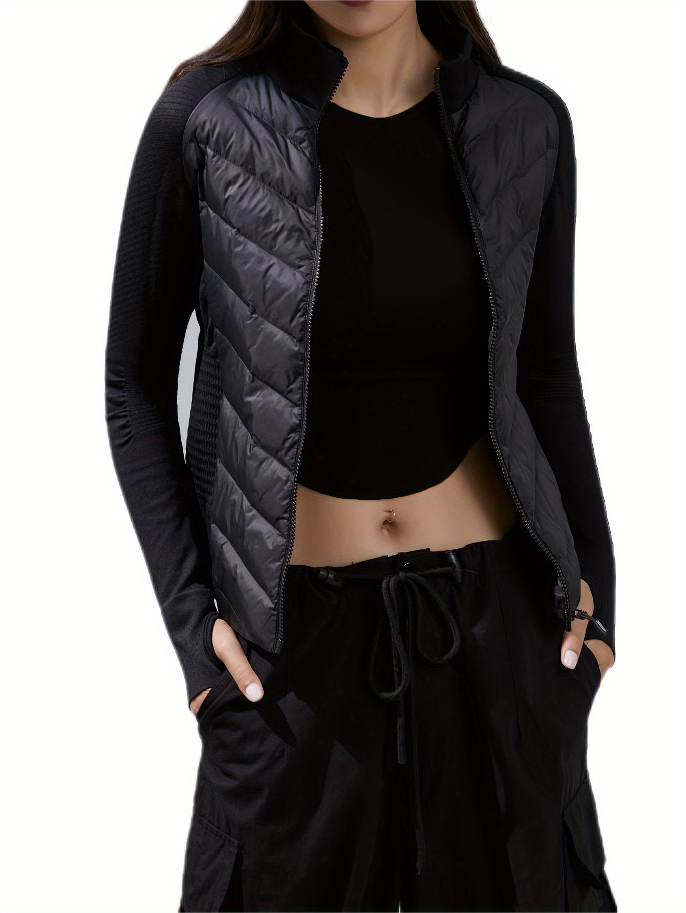 Thumb Hole Puffer Jacket Winter Hiking Skiing Crop Warm Jacket