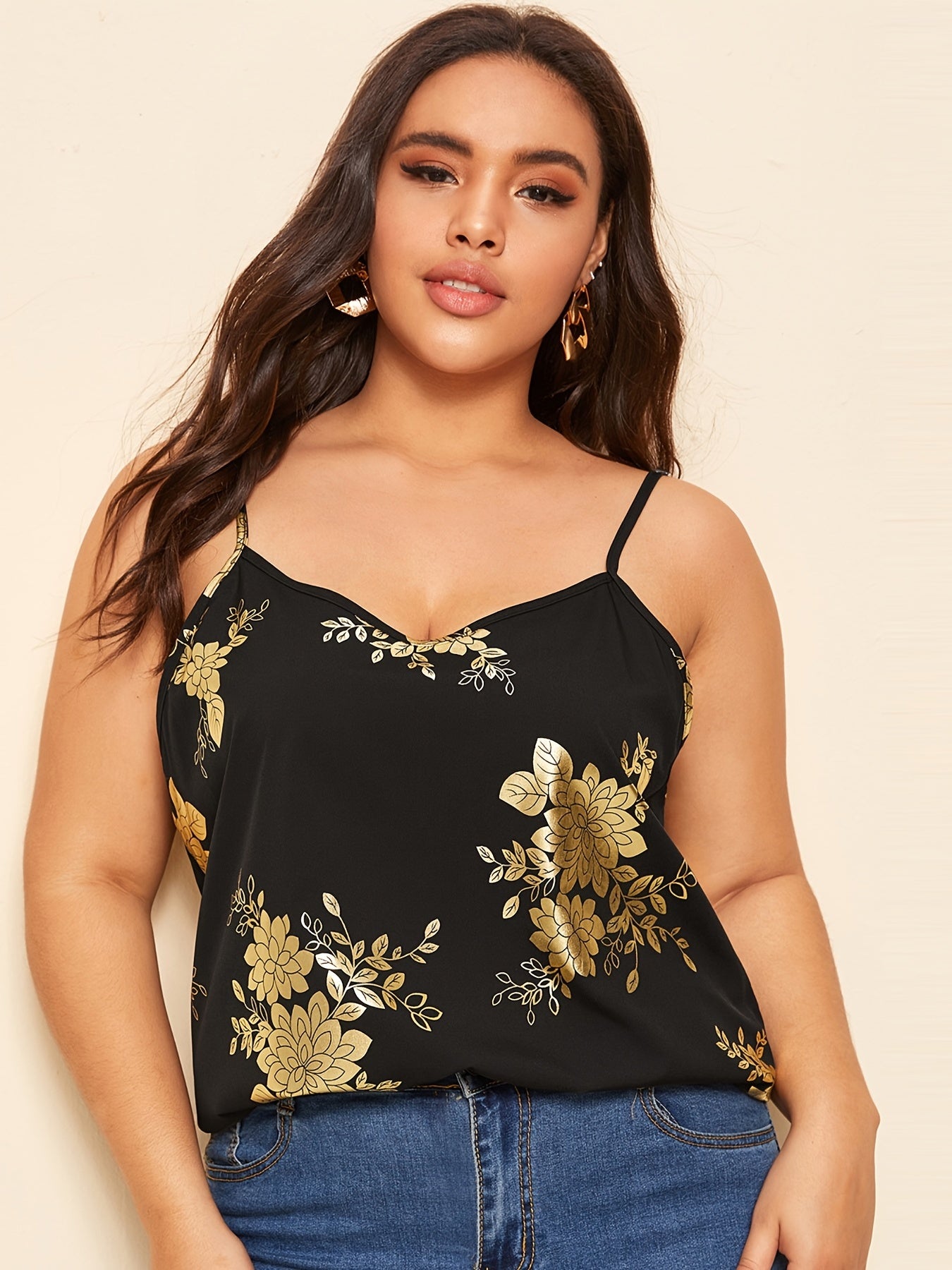  Golden Floral Print V Neck Cami Top