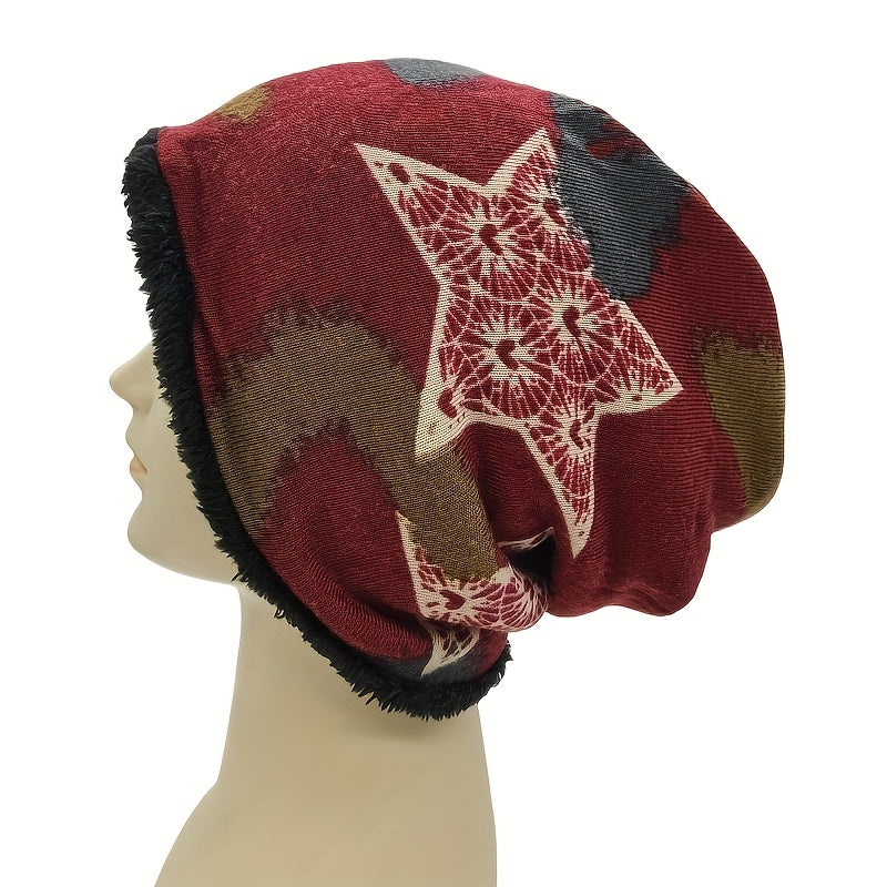 Vintage Pentagram Print Beanie Cap Warm Plush Knit Hat Women Chemo Hat