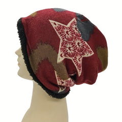 Vintage Pentagram Print Beanie Cap Warm Plush Knit Hat Women Chemo Hat