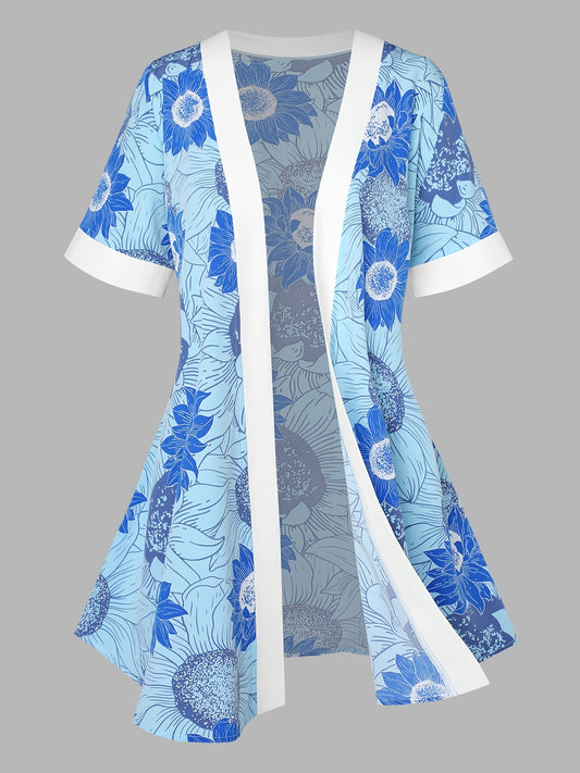  Floral Print Short Sleeve Kimono Cardigan