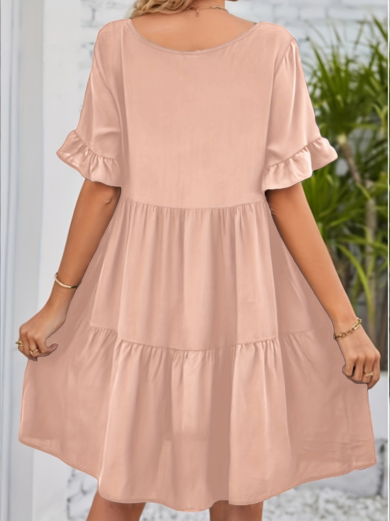  Solid Ruffle Trim Short Sleeve Smock Mini Dress