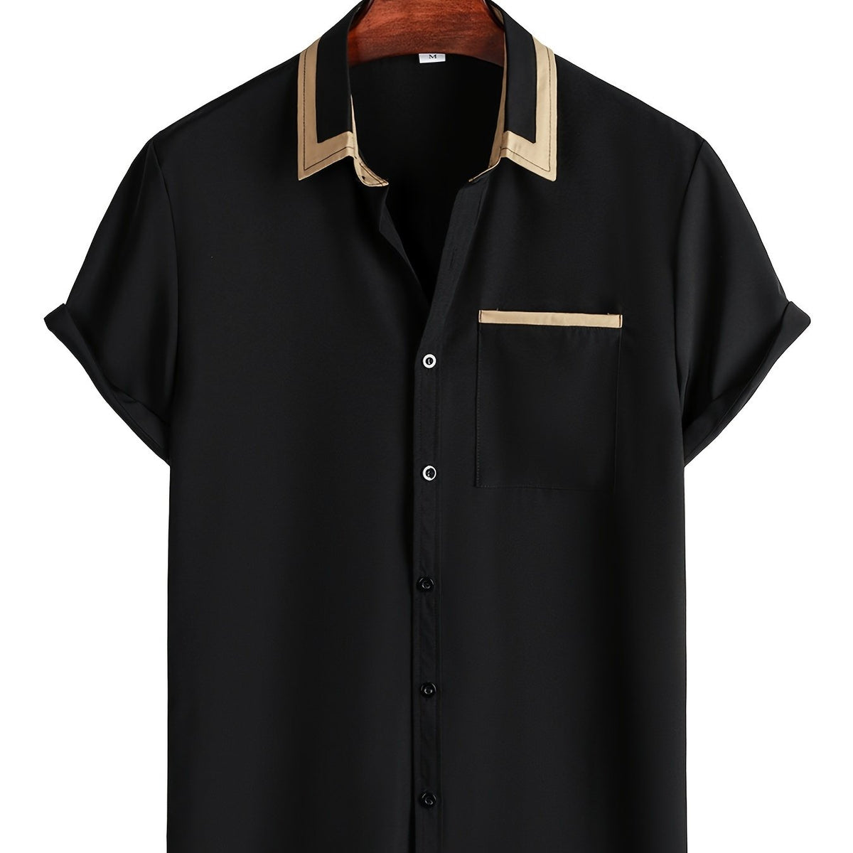 Men's Short Sleeve Button Up Shirt, Chest Pocket, Contrast Lapel