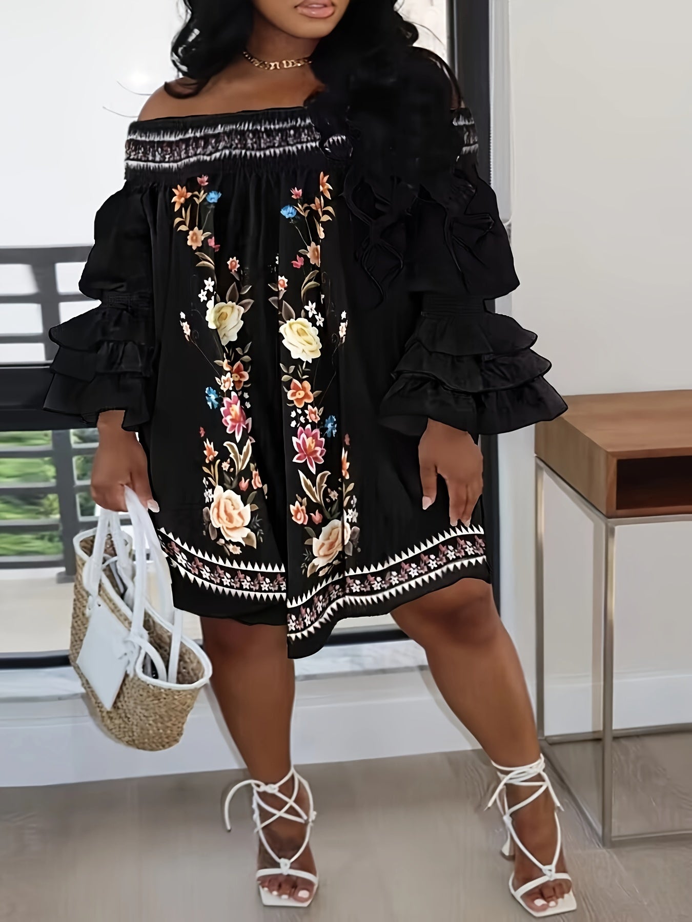  boho Dress Women's Plus Floral Print Off Shoulder Dress