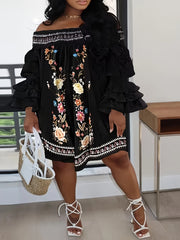  boho Dress Women's Plus Floral Print Off Shoulder Dress