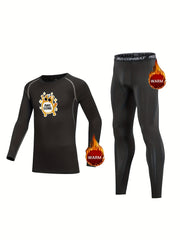 Kids Compression Fleece Sets Cat Pattern Long Sleeve Crew Neck