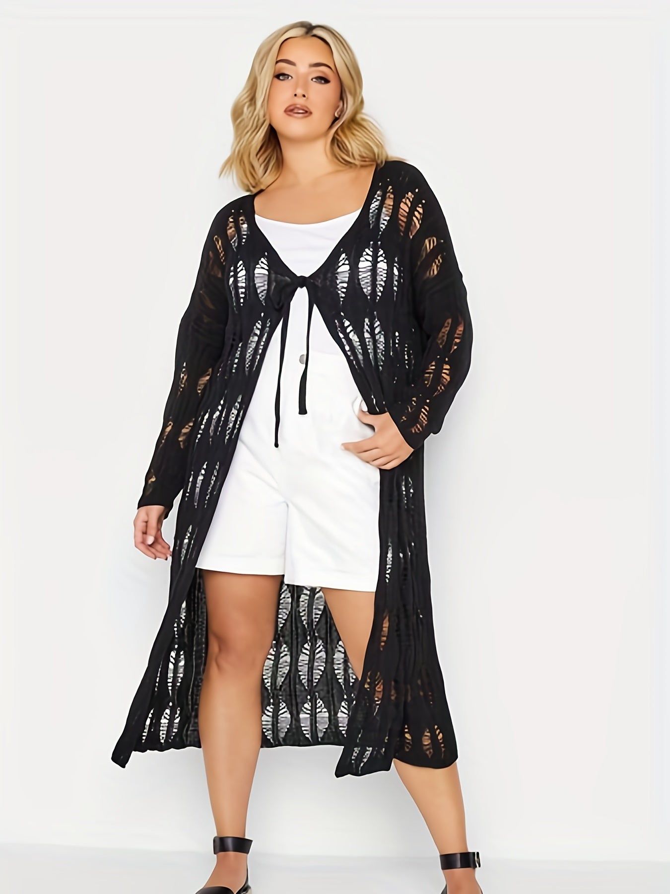  Sexy Cardigan Women's Plus Hollow Out Knit Long Cardigan