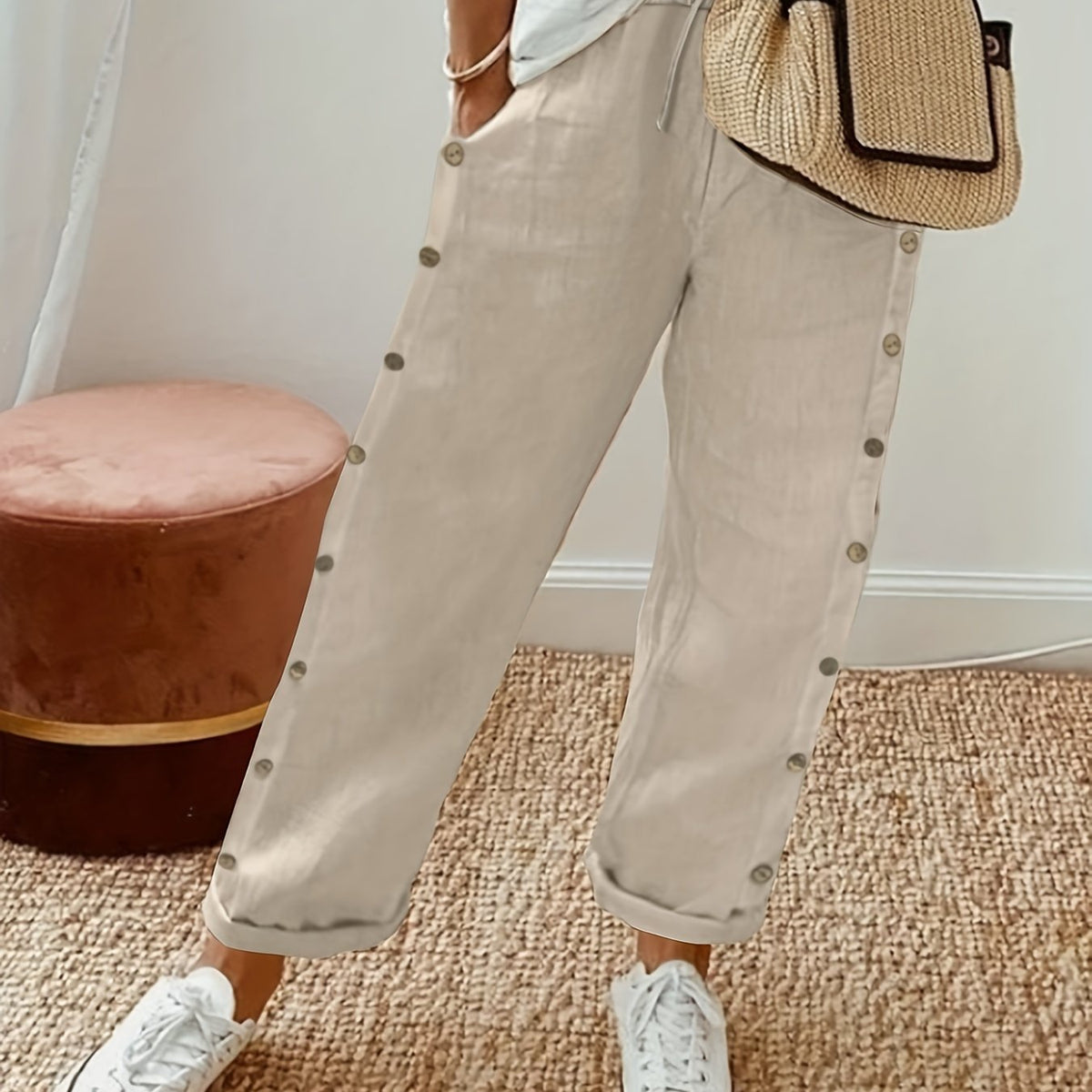  Solid Button Decor High Rise Crop Trousers