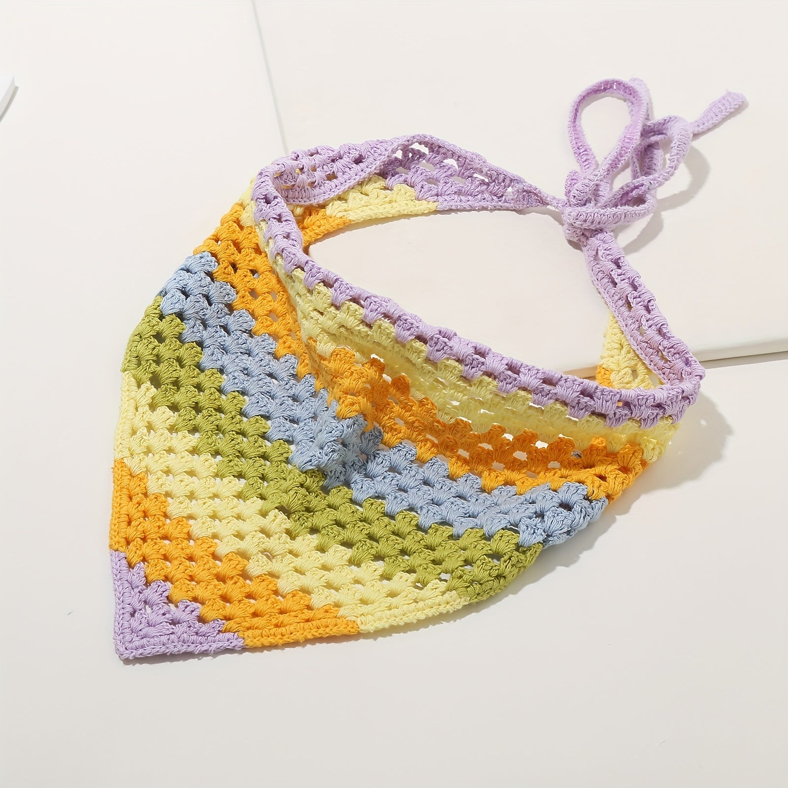 Rainbow Hollow Crochet Triangle Scarf Pastoral Style Headband Hair Accessories