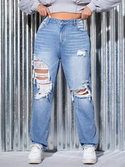 Plus Size Washed Ripped High Rise Straight Leg Jeans