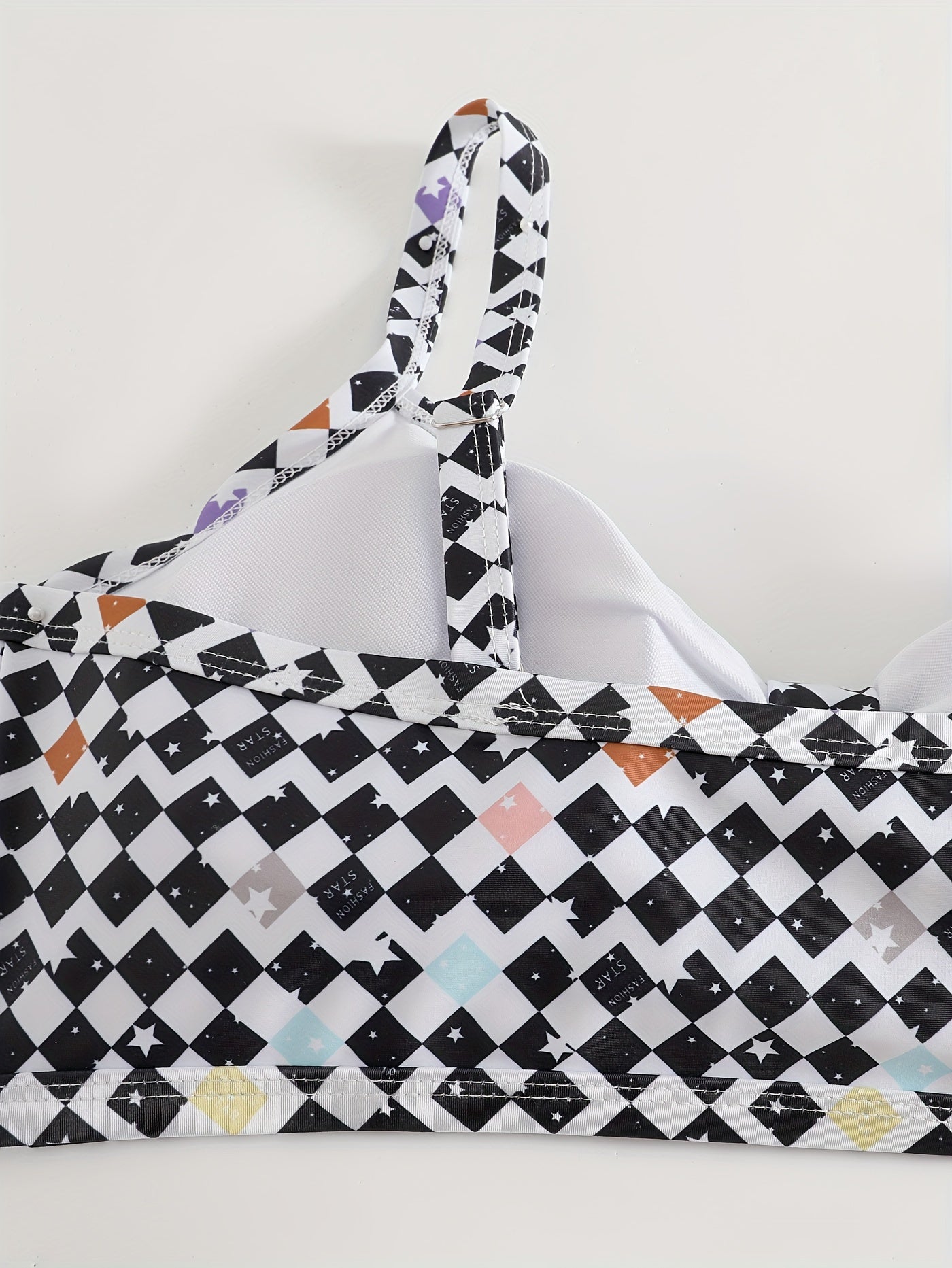  Checkered Print Bikini Set V Neck Ruched Bra & Lace Up Shorts Swimsuit