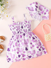 Girls Flower & Rainbow Frill Trim Shirred Dress & Headband Set