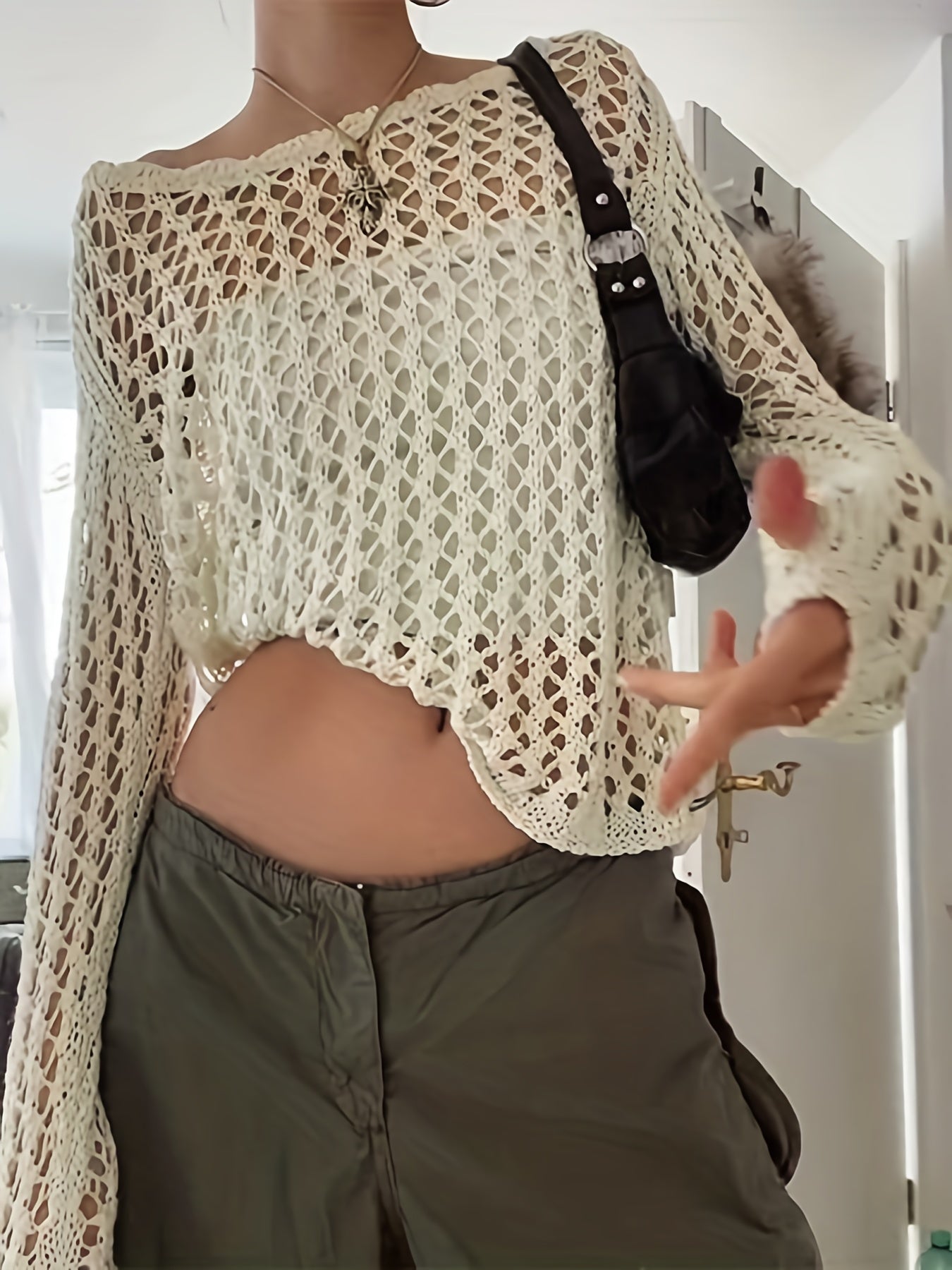 Crochet Beach Wear Knit Sweater Solid Crew Neck Long Sleeve Summer Sweater