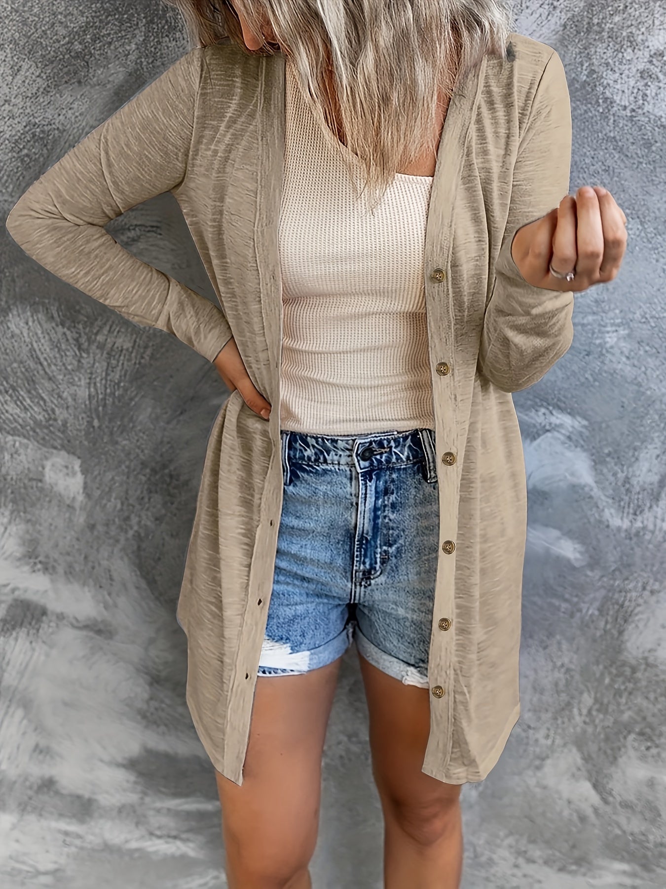  Solid Long Sleeve Button Up Cardigan