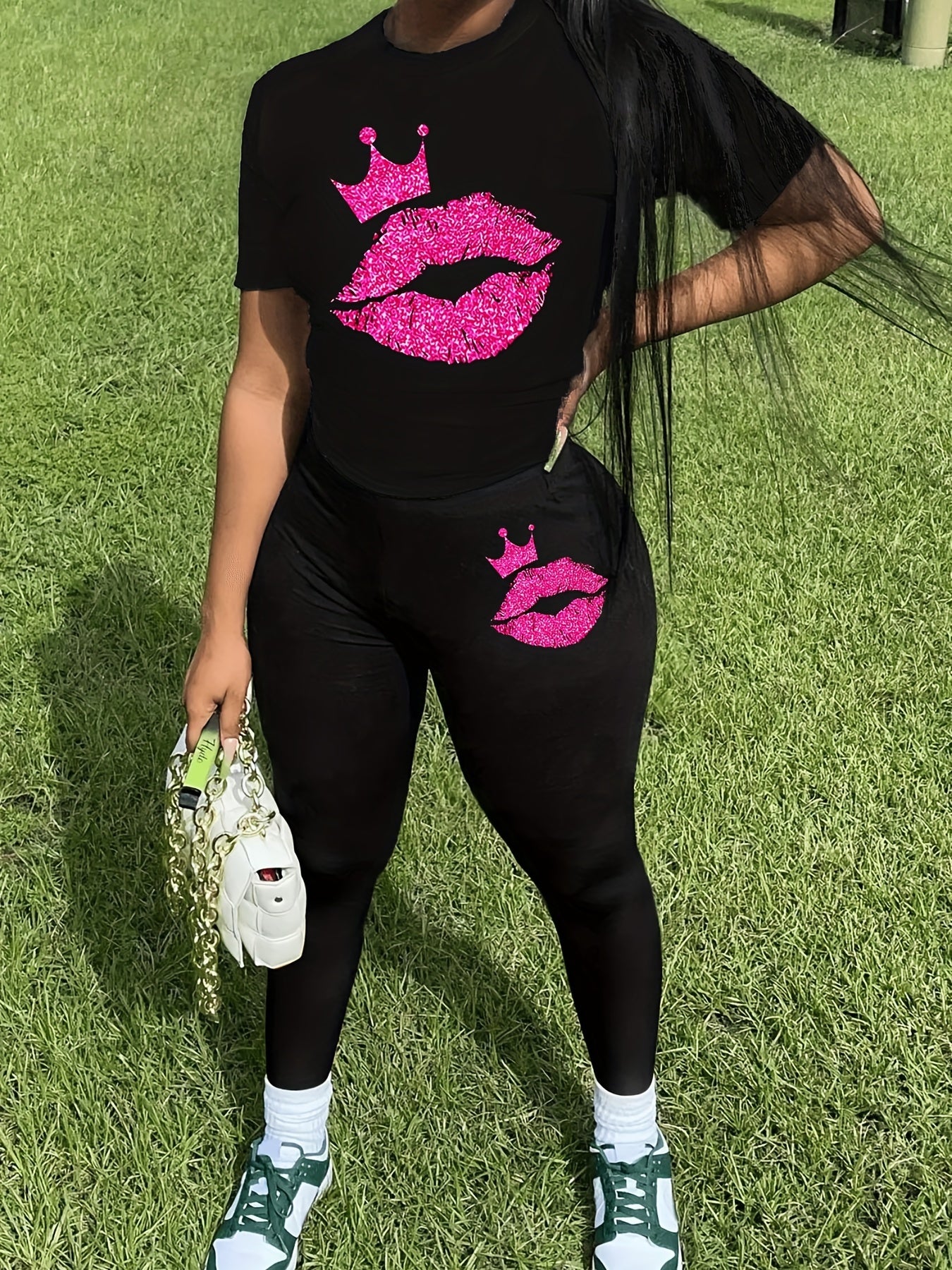 Cartoon Print Tee & Leggings Set for Women
