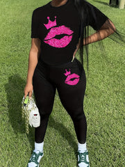 Cartoon Print Tee & Leggings Set for Women