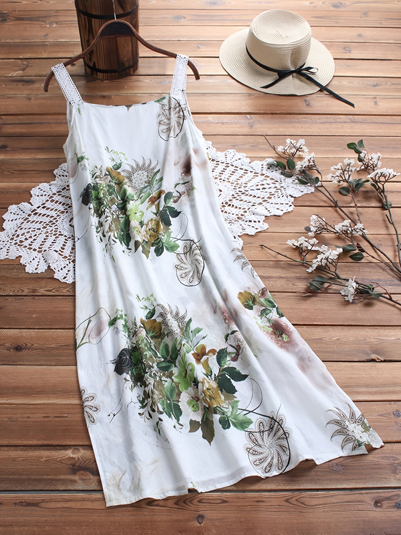  Floral Print Lace Strap Cami Dress