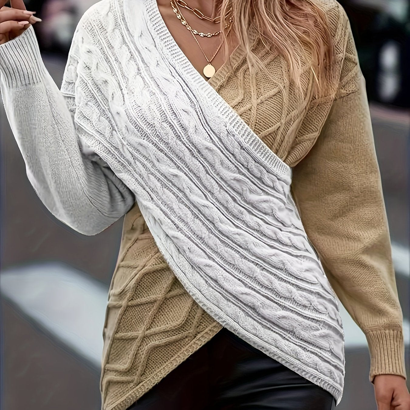  Colorblock Cross Wrap Cable Knit Sweater