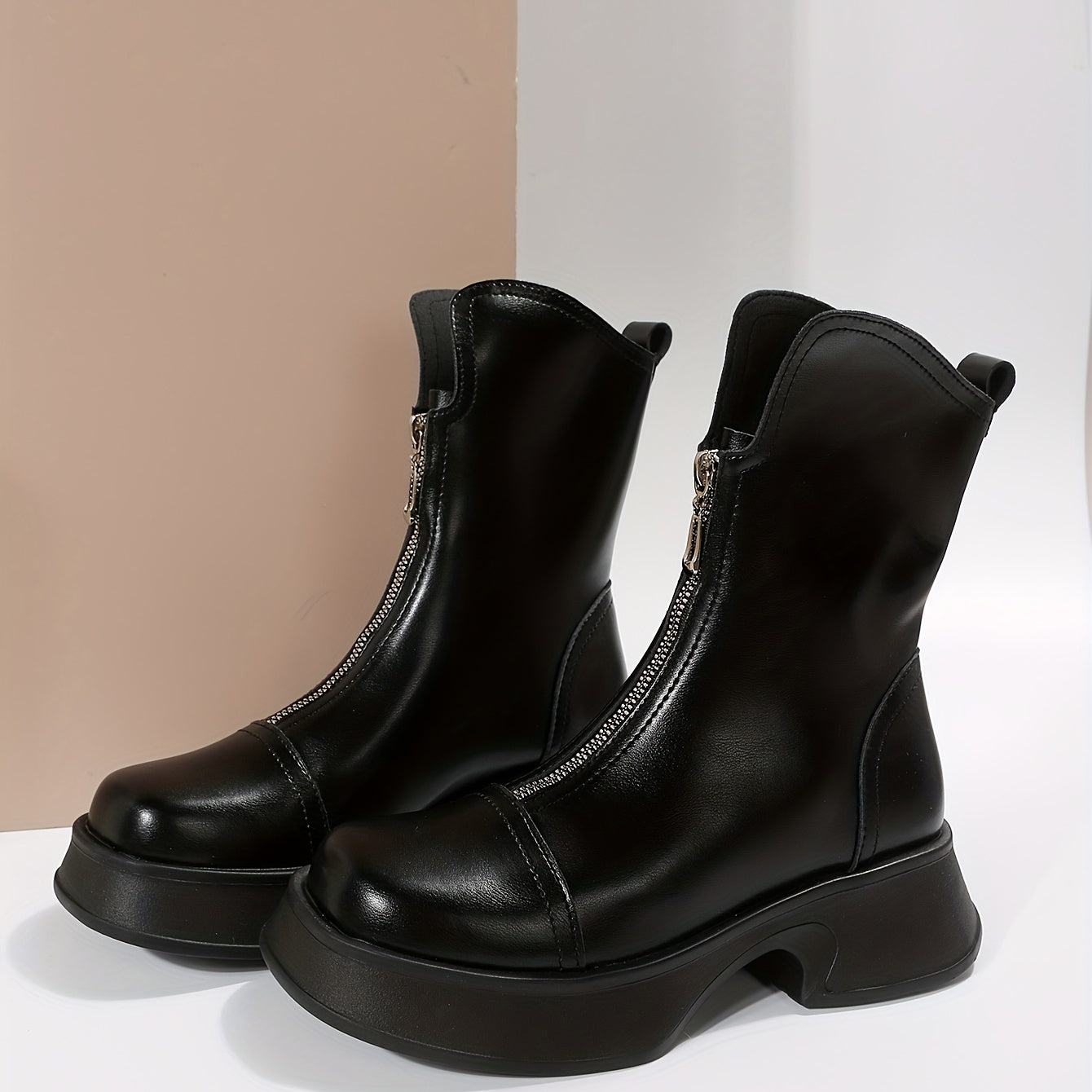 Square Toe Platform Ankle Boots Chunky Heeled Front Zip Combat Shoes