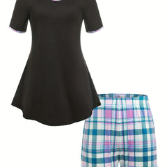  Plaid Print Peplum Top & Shorts Set