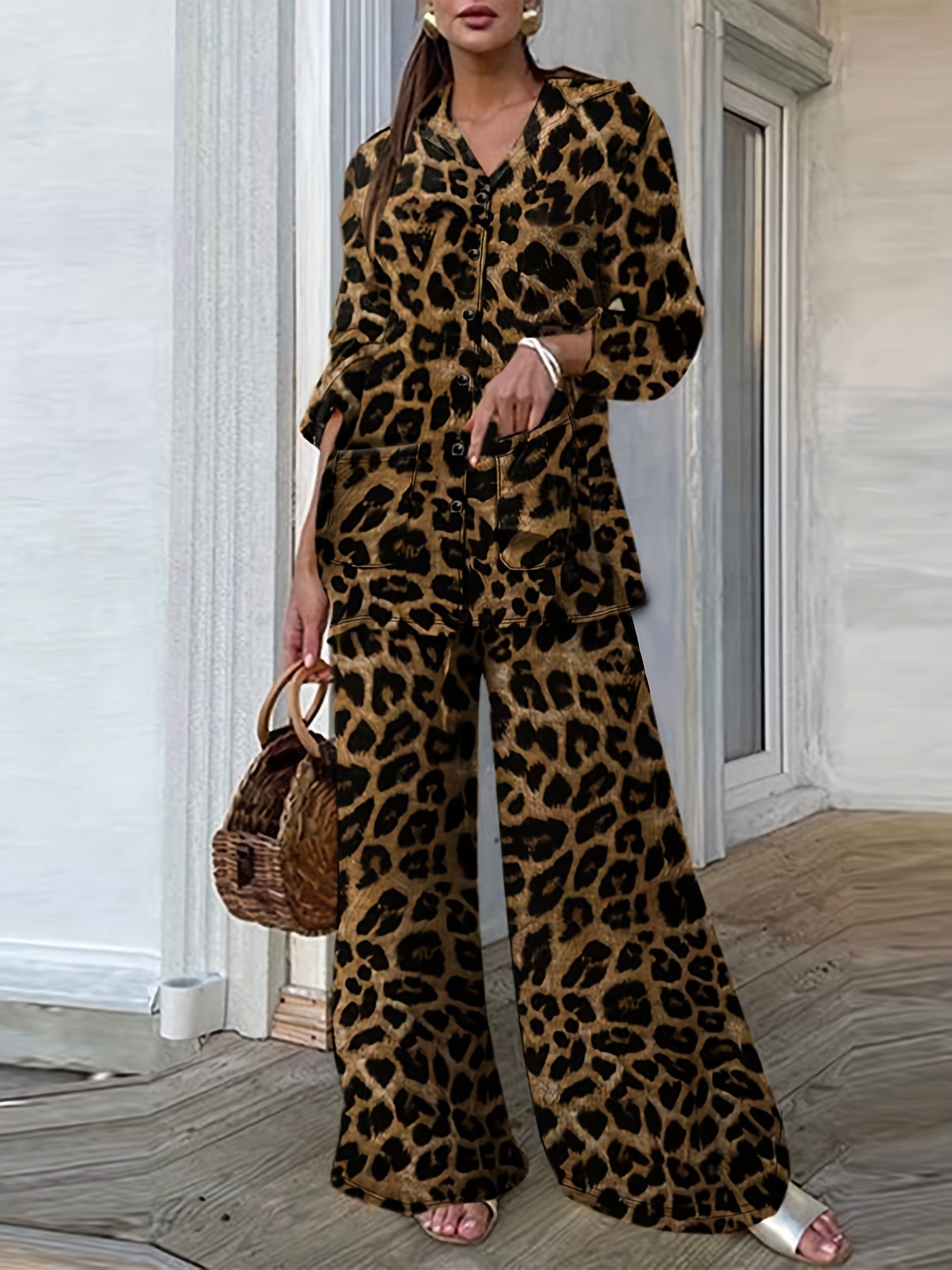  Leopard Print Button Up Blouse & Wide Leg Pants Set