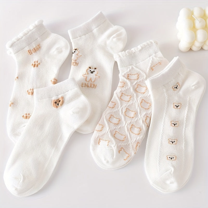 5 Pairs Cartoon Bear Print Socks & Ankle Socks Women's Stockings