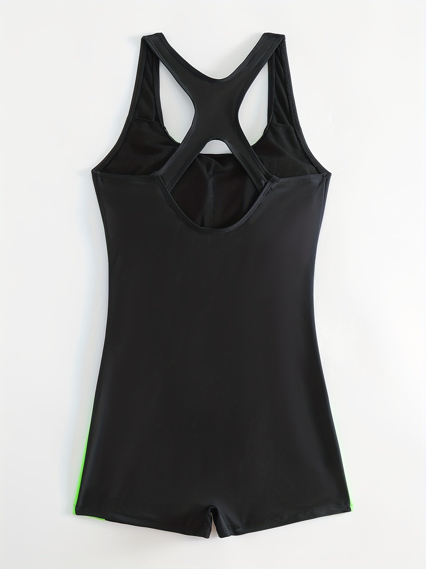 Stripes Block One Piece Swimsuit Neon Green Round Neck Bathing Suit